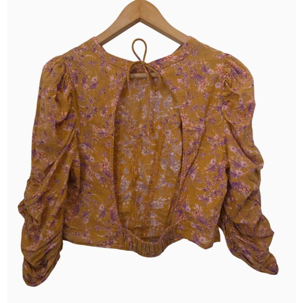 Free People MONICA Golden Floral Puff Sleeve Tie-Back Blouse Women's Sz L - Picture 2 of 10